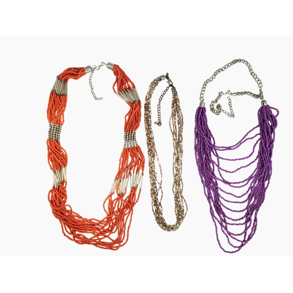 3 Multi Strand Seed Bead Necklaces Purple Orange White Boho Chic Office Siren